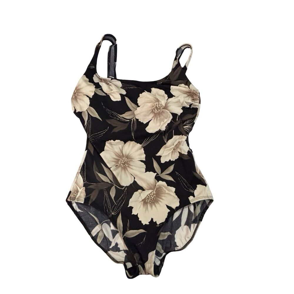 LONGITUDE 1 Pc Swimsuit Women’s 14 Black + Creamy Floral Crisscross Center Back